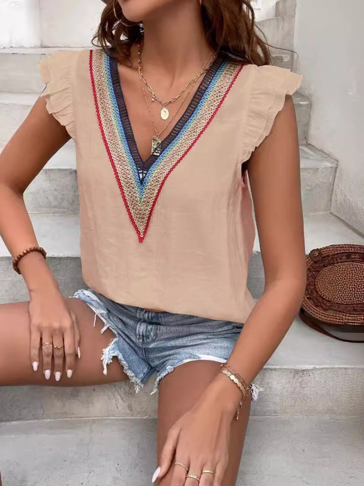 V-Neck Ruffled Cap Sleeve Blouse