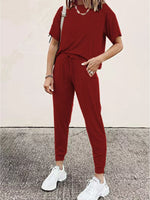 Full Size Round Neck Top and Drawstring Pants Set Plus Size