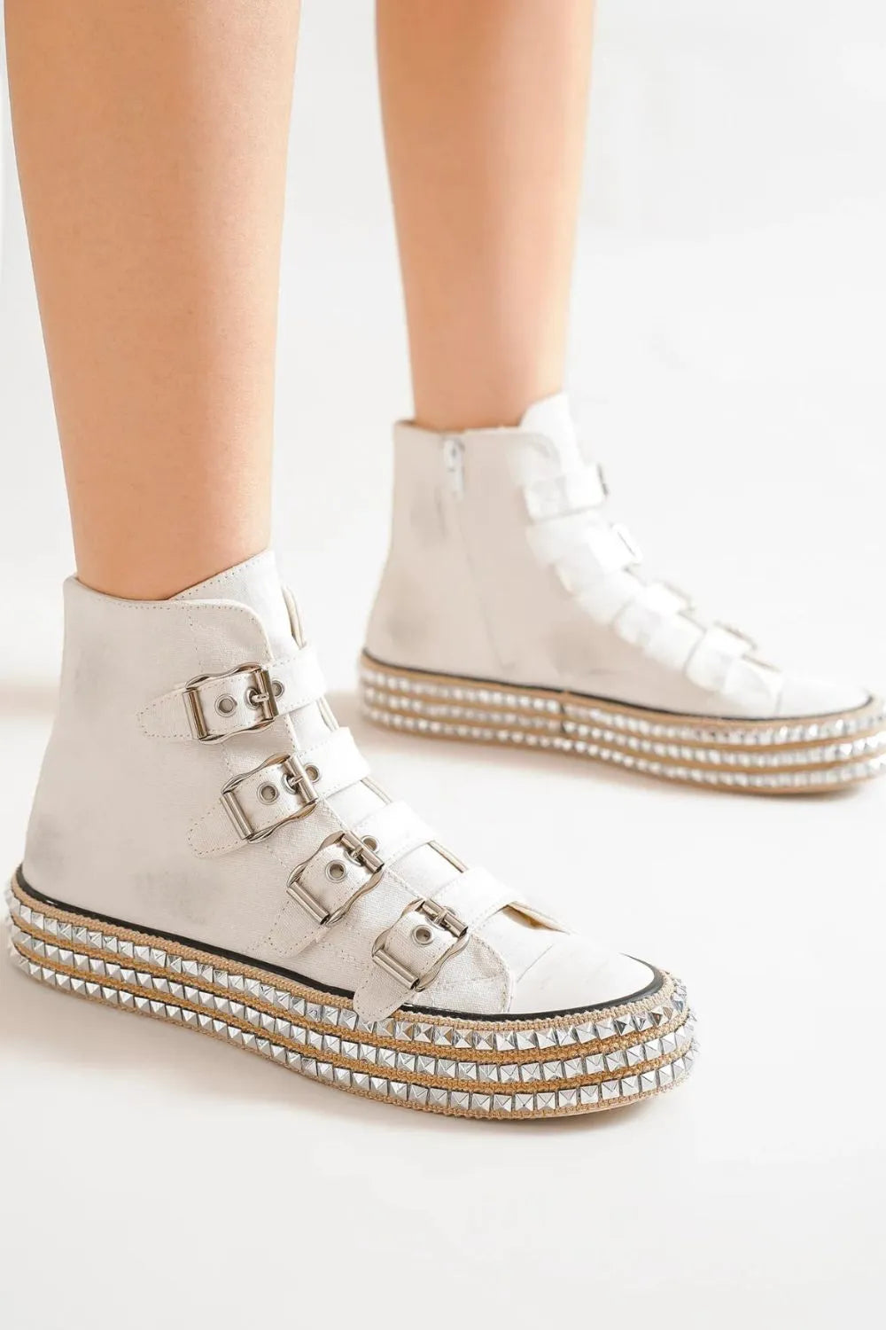 Beast Fashion Multi-Buckle Straps Studded Platform Sneakers - Ladyez