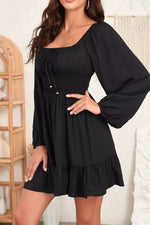 Solid Color Long Sleeve Shirred Drawstring Ruffle Mini Dress