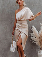 One-Shoulder Satin Wrap Dress with Side Slit - Ladyez