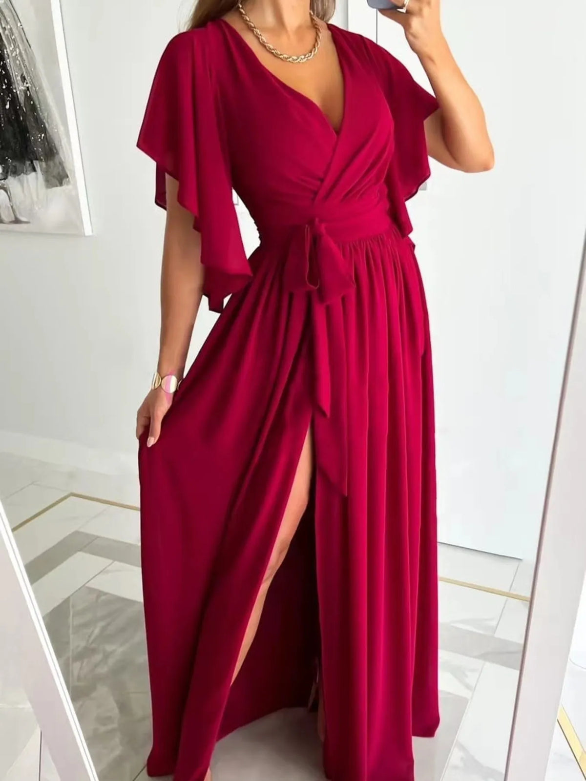 Flutter Sleeve Surplice Tie Waist Dress - Ladyez