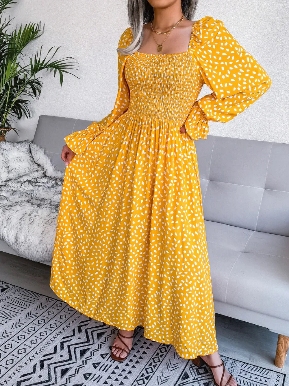 Smocked Square Neck Flounce Sleeve Dress - Ladyez