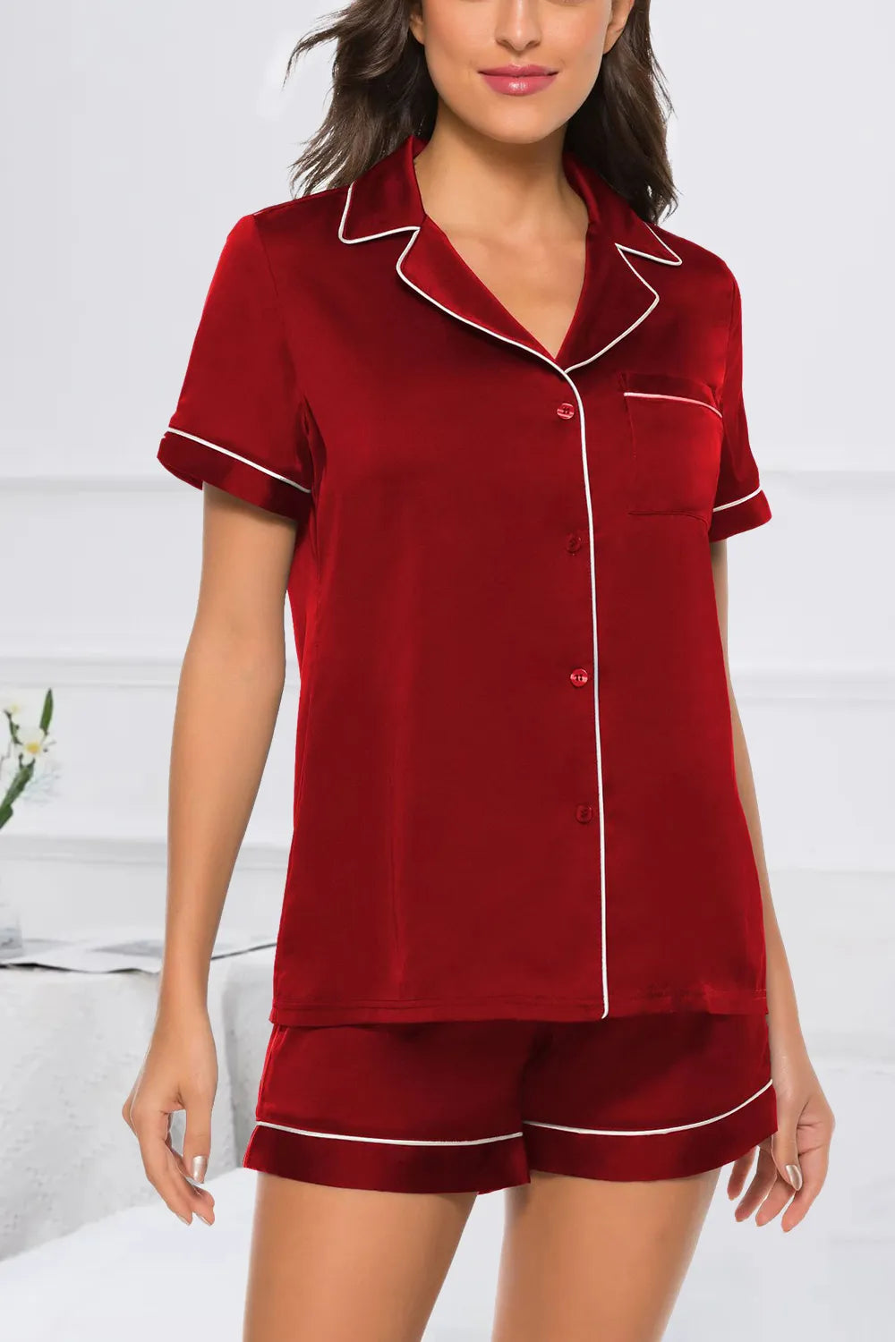 Printed Button Up Short Sleeve Top and Shorts Lounge Set - Ladyez
