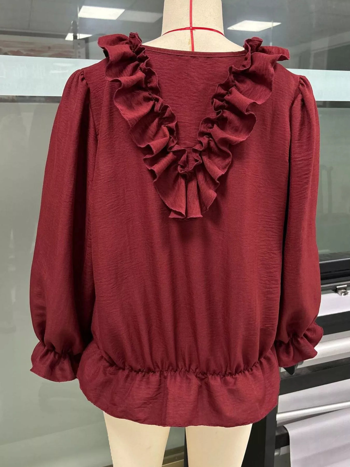Ruffle V-Neck Long Sleeve Blouse