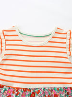 Children's Striped Floral Print Ruffle Sleeve Dress