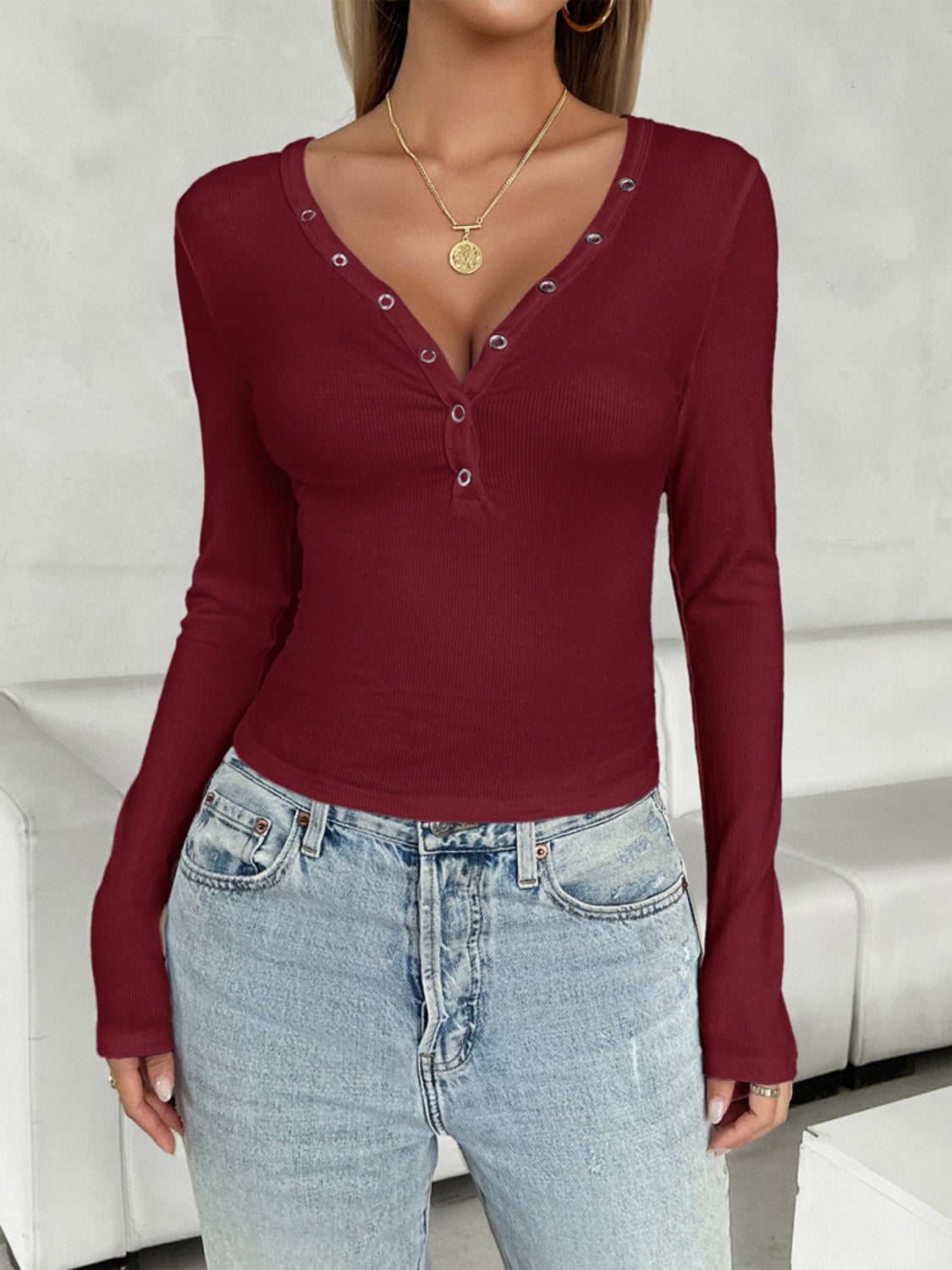 Devine V-Neck Long Sleeve T-Shirt - Ladyez