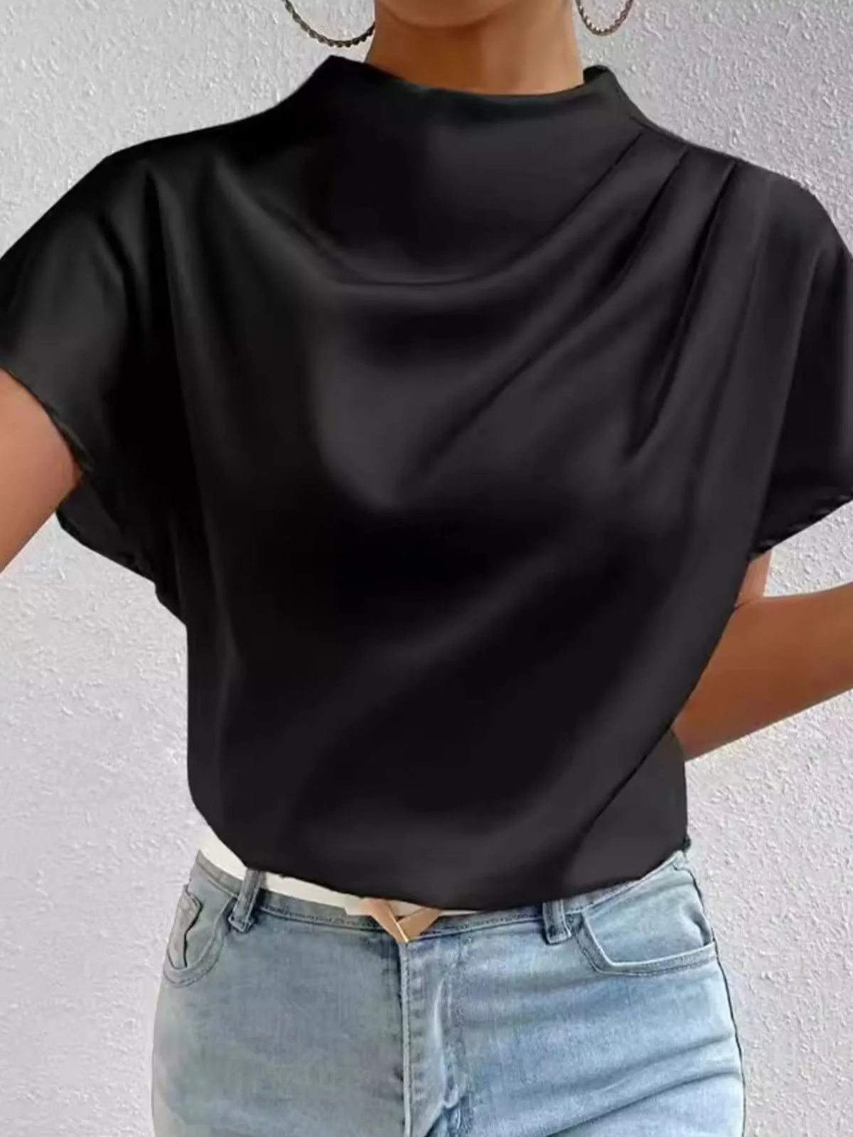 Mock Neck Short Sleeve Satin Blouse - Ladyez