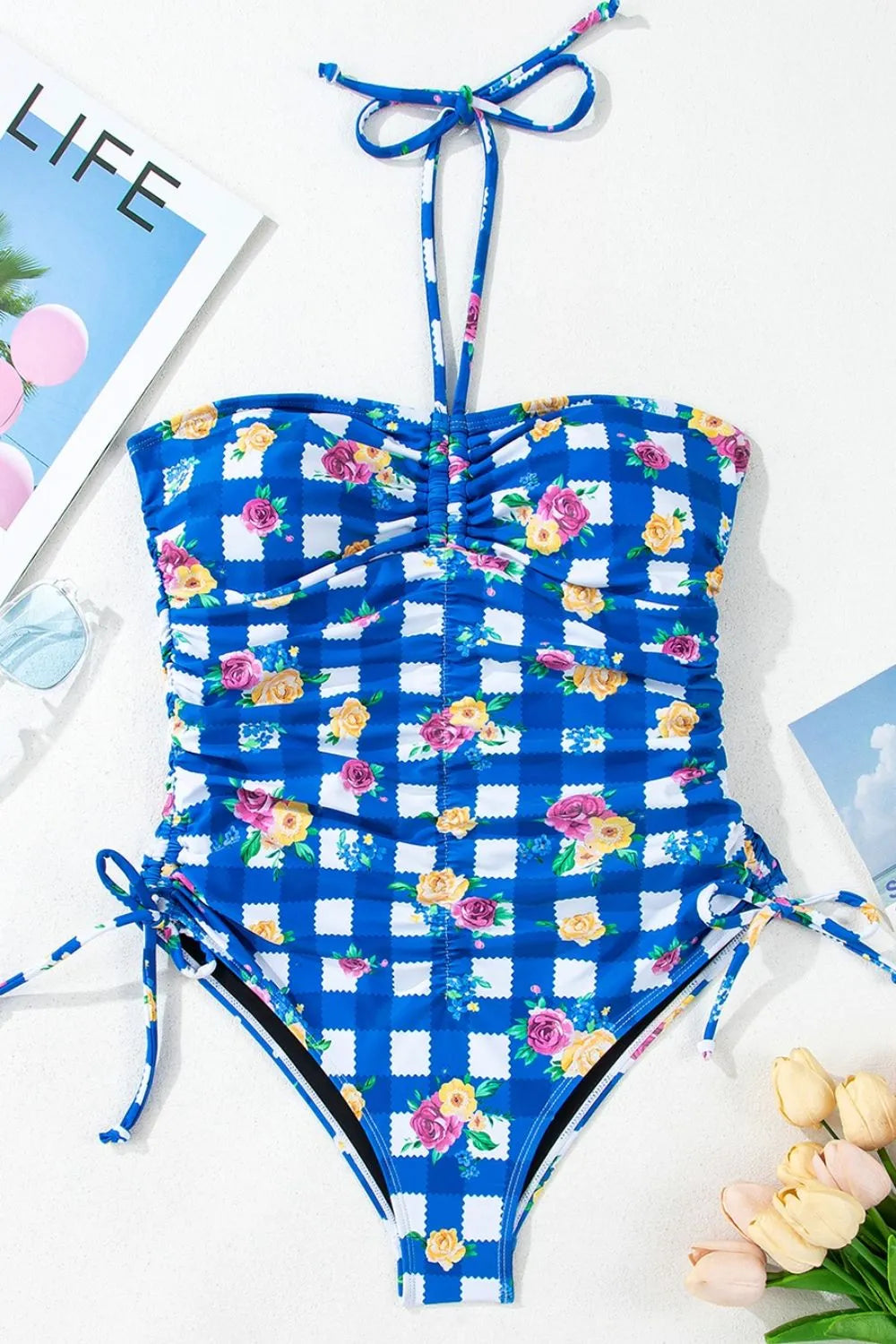Floral Gingham Halter Neck Drawstring One Piece Swimwear - Ladyez