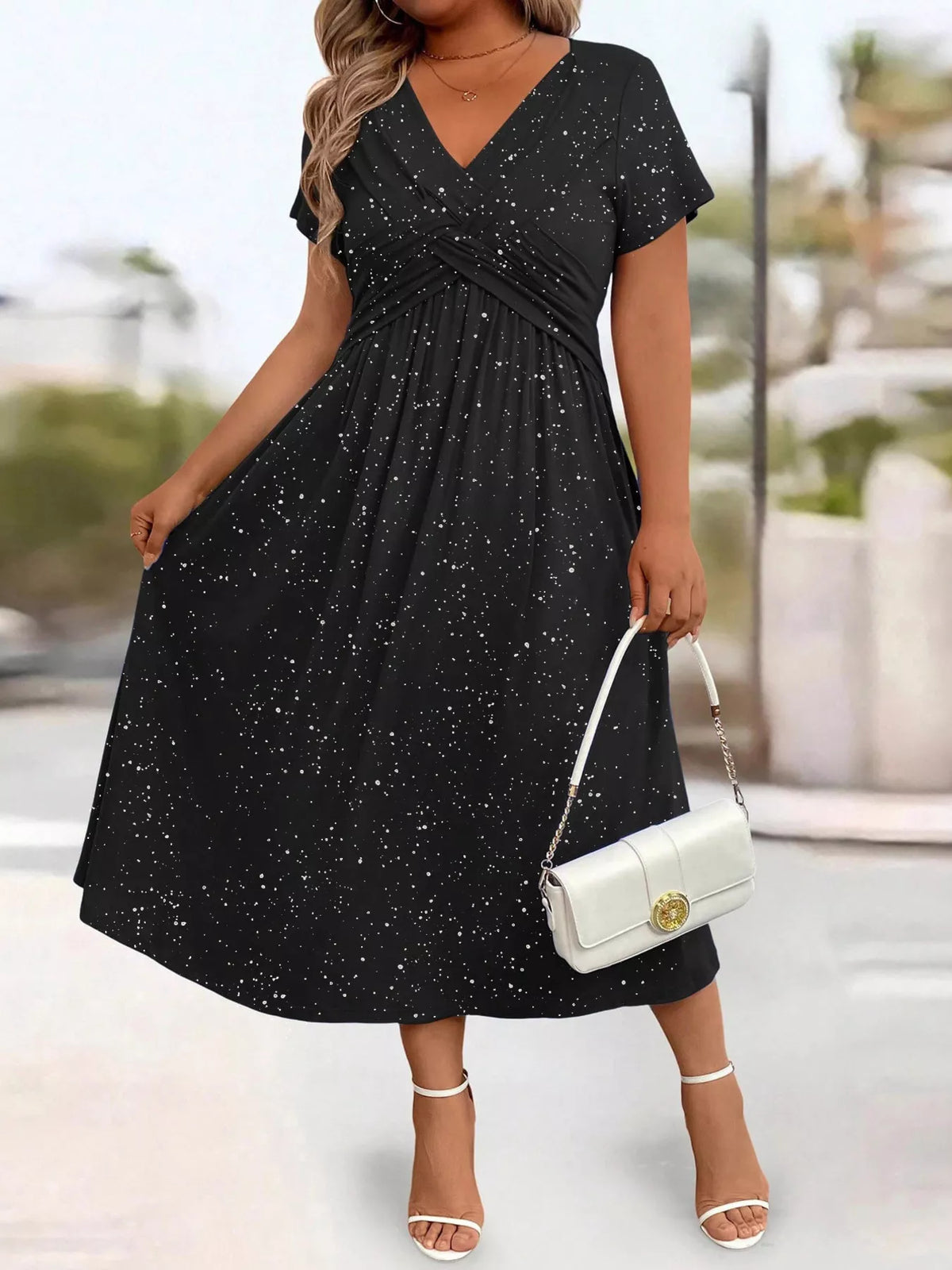 Full Size Glitter Flutter Sleeve Midi Dress Plus Size