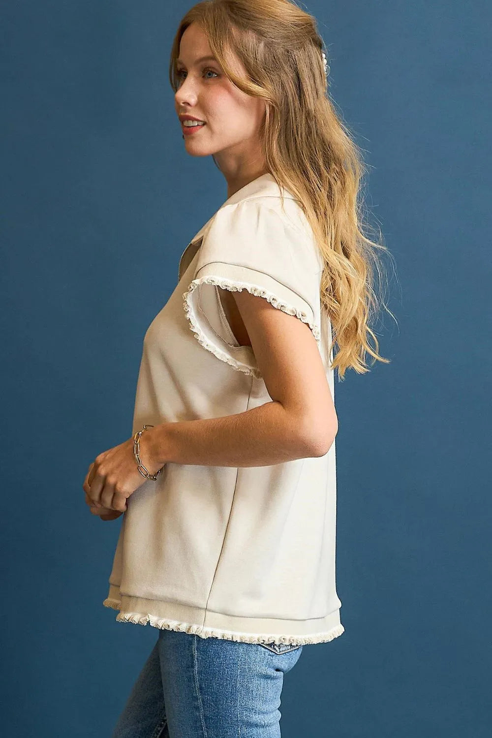 Umgee Frill Hem Half-Zip Collared Blouse - Ladyez