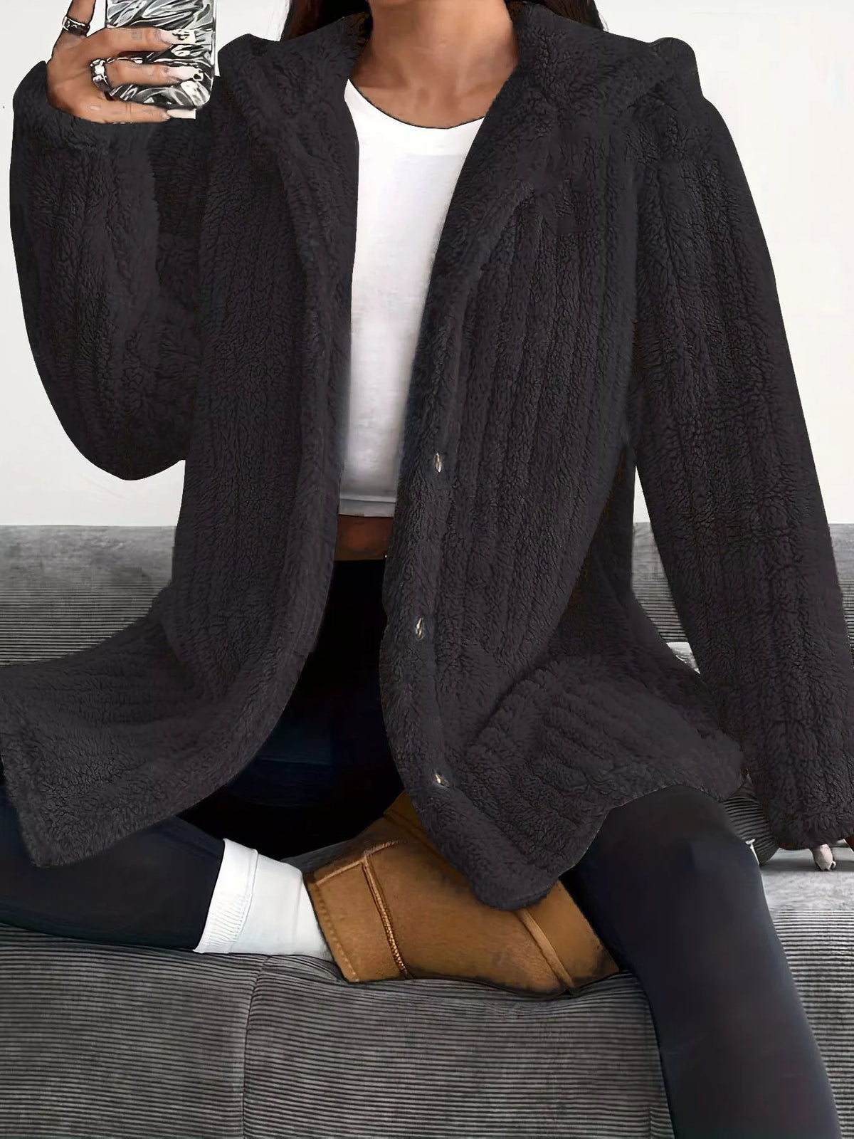 Full Size Fleece Button Up Hooded Outerwear Plus Size