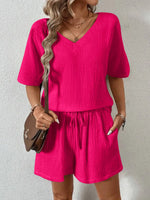 V-Neck Half Sleeve Top and Shorts Set - Ladyez