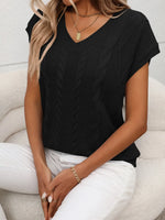 Cable-Knit V-Neck Short Sleeve Knit Top