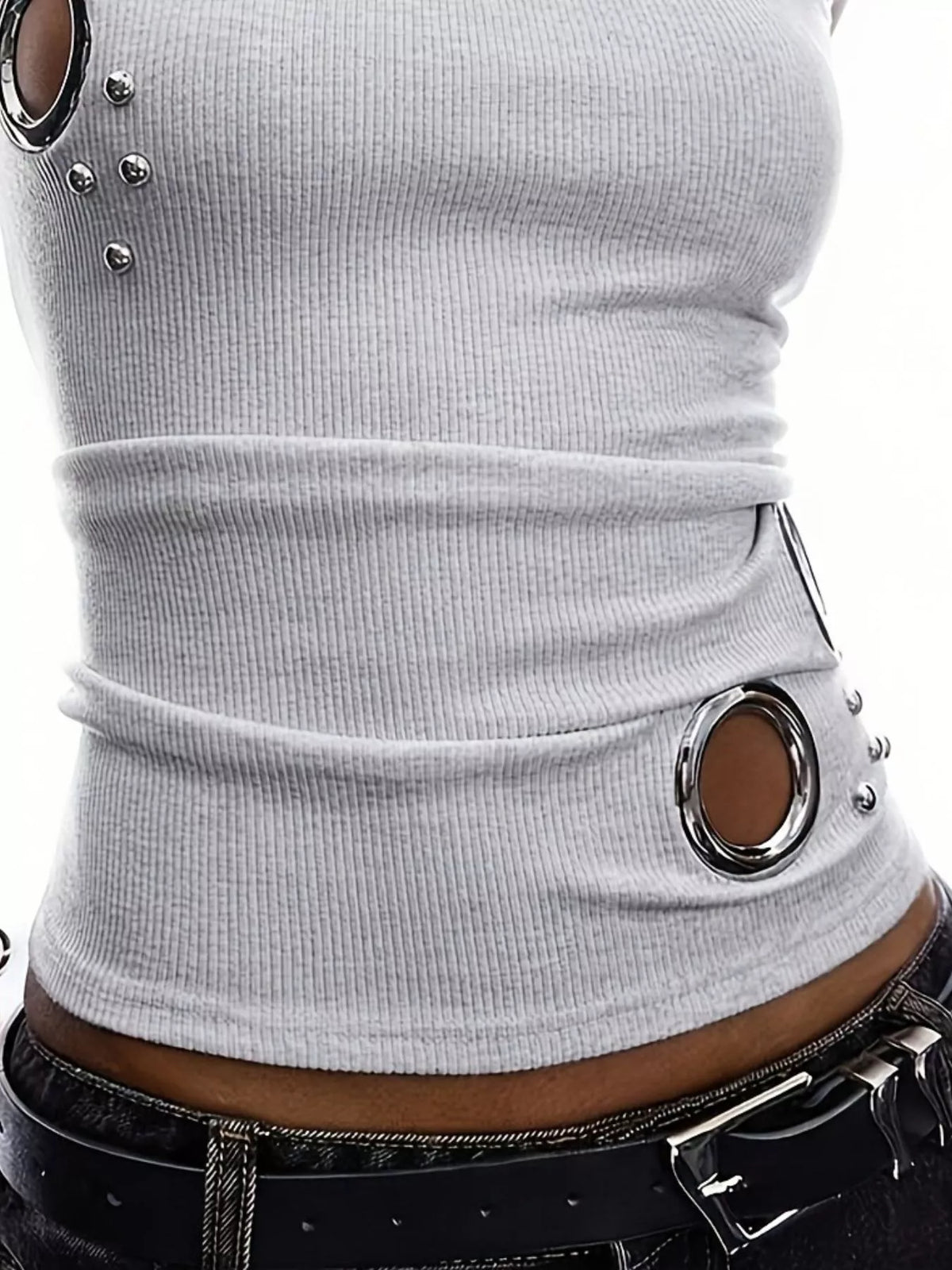 Ribbed Tank Top with Metal Grommet Cutouts and Stud Embellishments