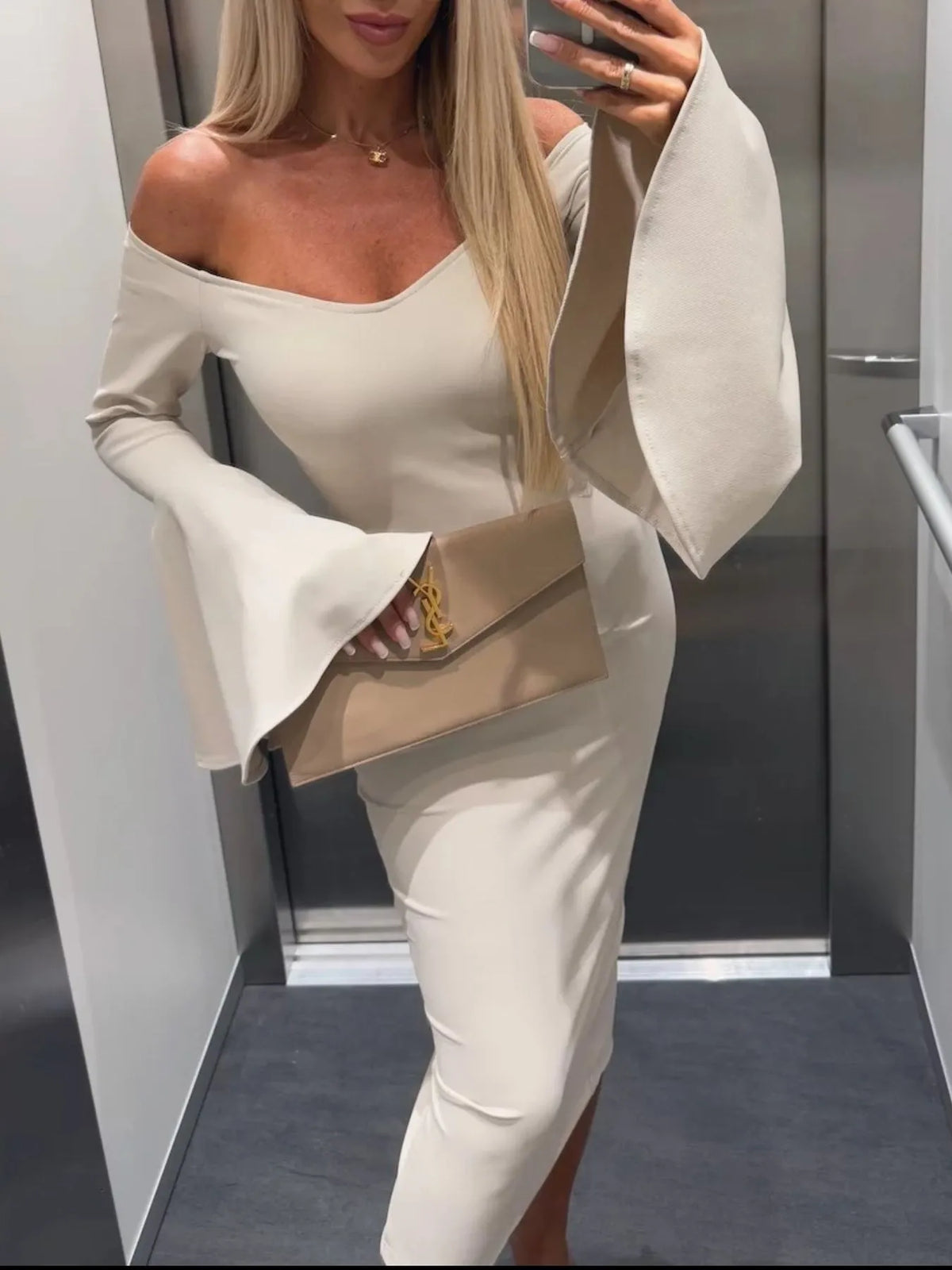 Off Shoulder Bell Sleeve Bodycon Midi Dress - Ladyez