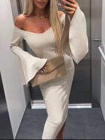 Off Shoulder Bell Sleeve Bodycon Midi Dress - Ladyez
