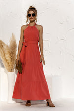 Halter Neck Tie Waist Tiered Maxi Dress - Ladyez