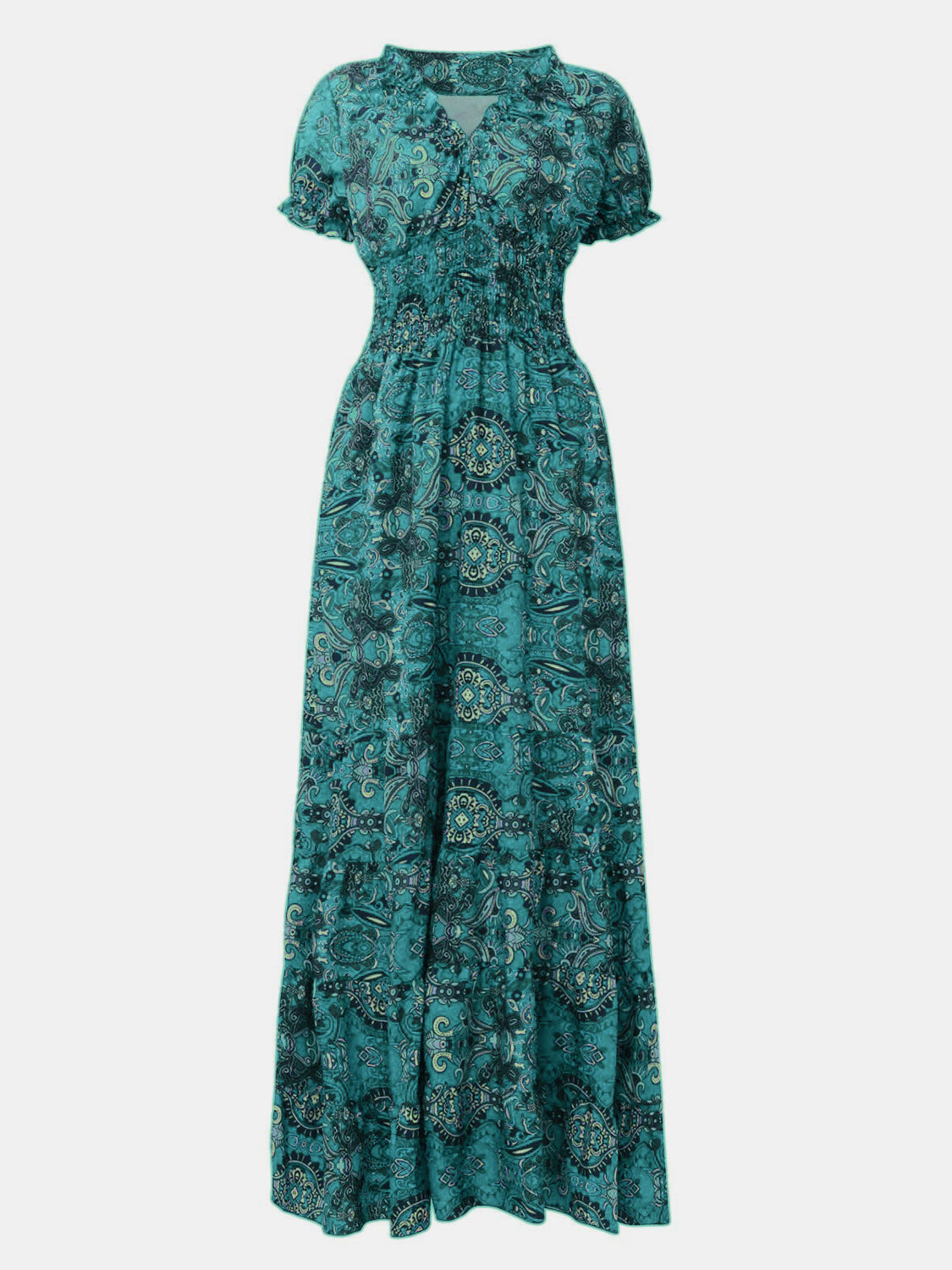 Full Size Smocked Printed V-Neck Short Sleeve Dress - Ladyez