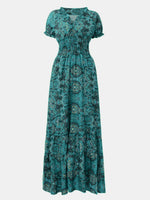 Full Size Smocked Printed V-Neck Short Sleeve Dress - Ladyez