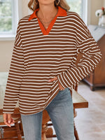 Lovelet Striped Johnny Collar Long Sleeve T-Shirt