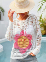 Angel Wings Flower Graphic Lace-Up Openwork Hooded Cover Up - Ladyez