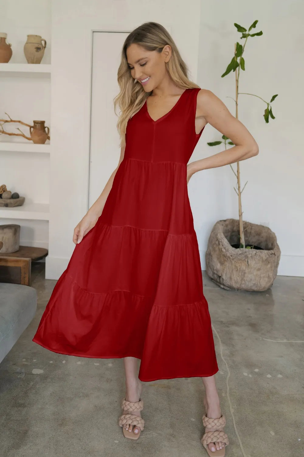 FAM-FAM Tiered V-Neck Sleeveless Dress - Ladyez