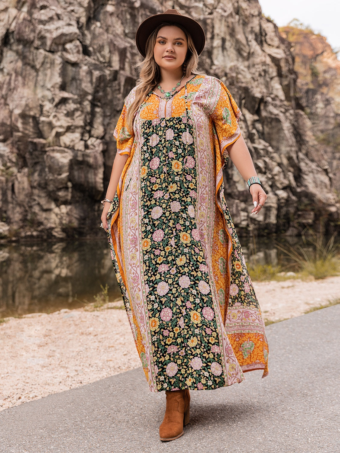 Plus Size Tie Neck Maxi Dress - Ladyez