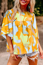Multicolour Abstract Pattern Wide Sleeve Crew Neck Blouse