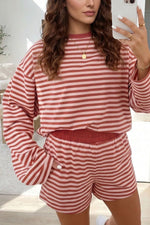 Stripe Relaxed Long Sleeve Top Contrast Elastic Waistband Short Set