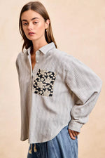 BiBi Flower Jacquard Knit Patch Pocket Stripe Shirt