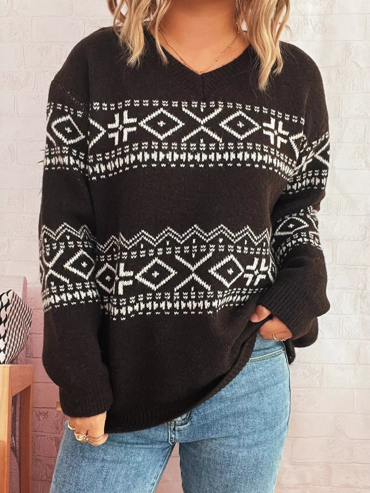 Geometric Dropped Shoulder Long Sleeve Sweater