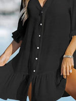 V-Neck Button Down Beach Cover Up Dress - Ladyez