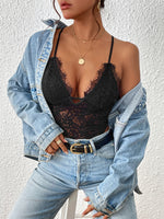 Perfee Crisscross Lace Spaghetti Strap Bodysuit - Ladyez