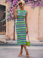 Striped Round Neck Sleeveless Midi Cover Up Dress - Ladyez