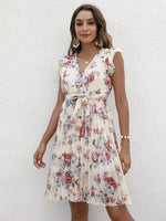 Pleated Floral Print Ruffle Sleeve Dress