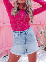 Rhinestone Round Neck Long Sleeve Bodysuit