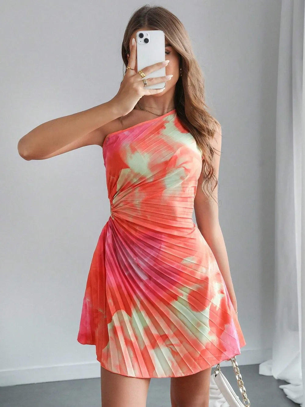 Cutout Drawstring Pleated Tie-Dye Sleeveless Mini Dress