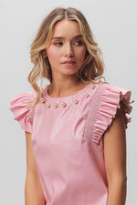 BiBi Leather Smocked Ruffled Top