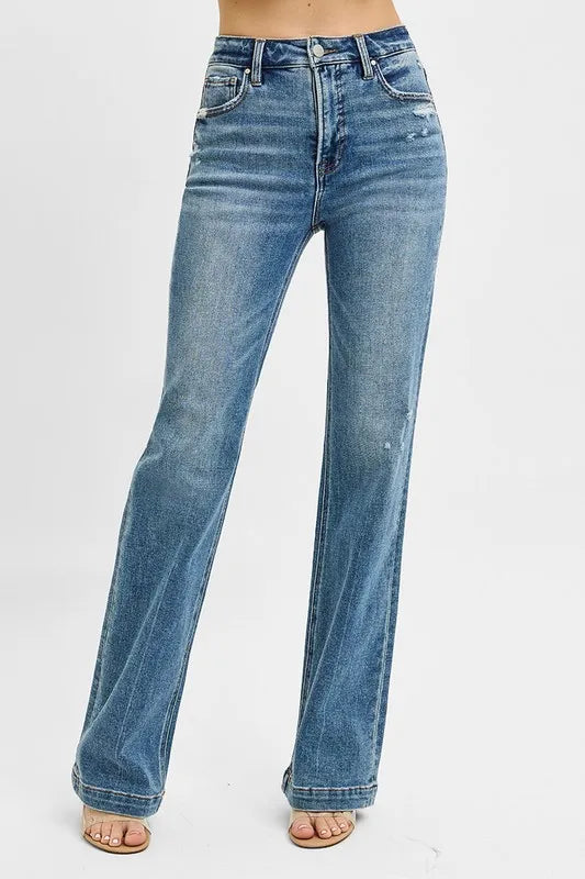 RISEN Full Size Distressed Detail Bootcut Jeans Plus Size - Ladyez