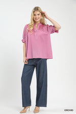 Umgee Textured Henley Blouse with Ruffle Cuffs