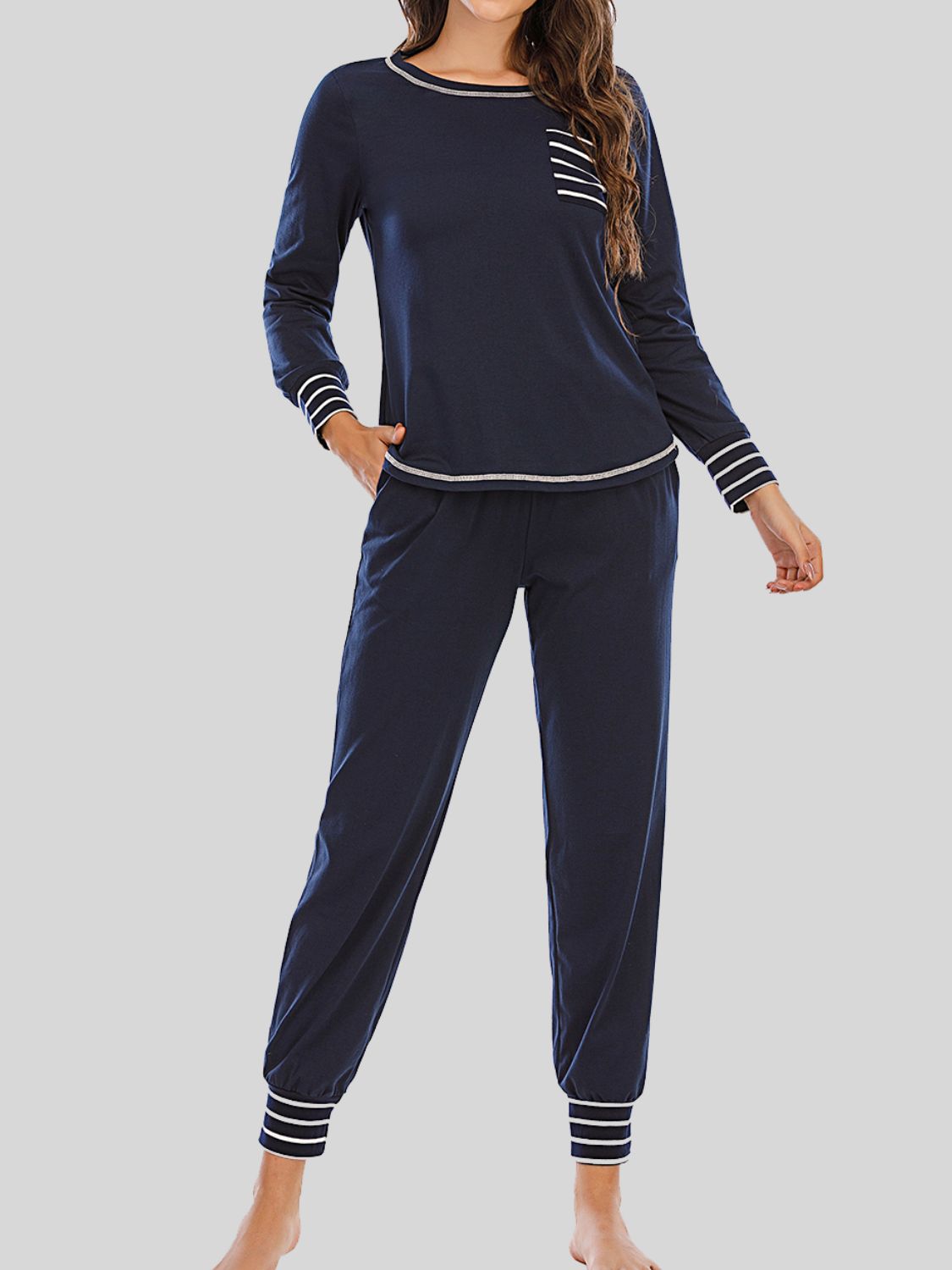 Round Neck Top and Pants Lounge Set - Ladyez