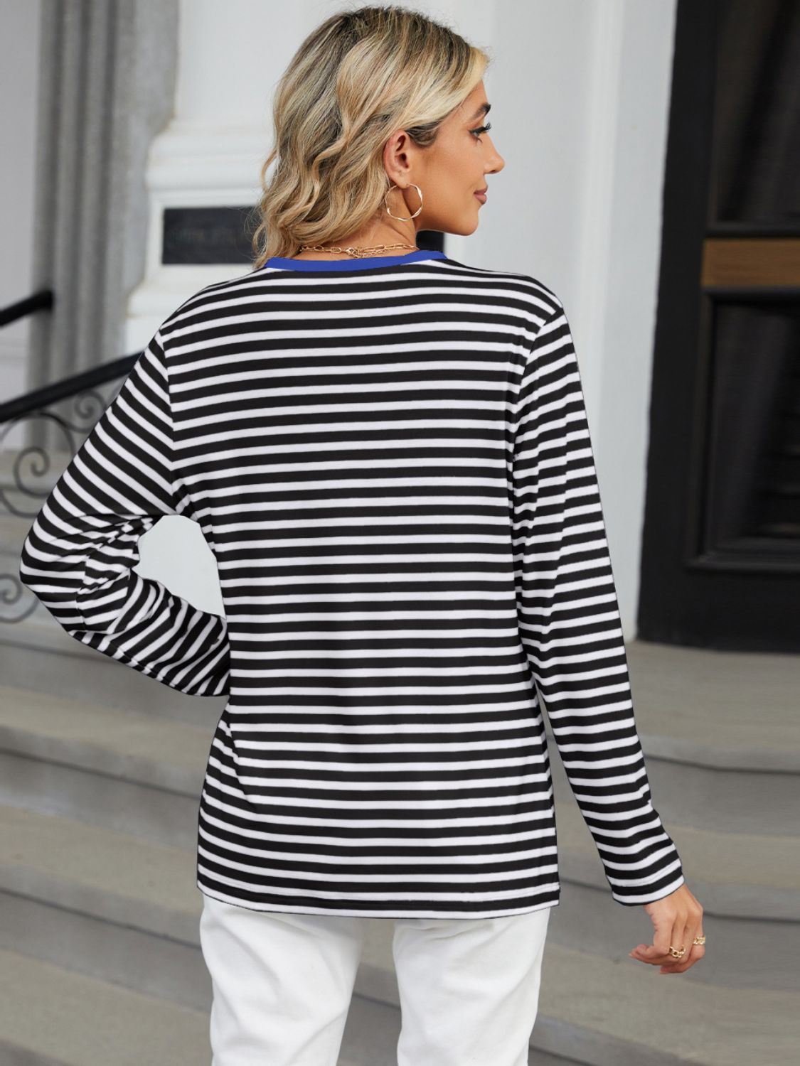 Striped Notched Long Sleeve T-Shirt - Ladyez