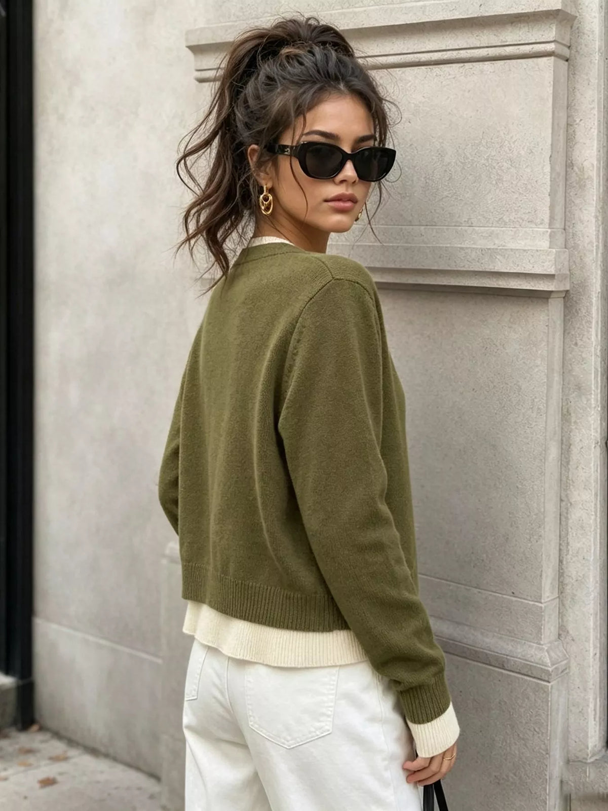 V-Neck Button-Down Contrast Layered Cardigan
