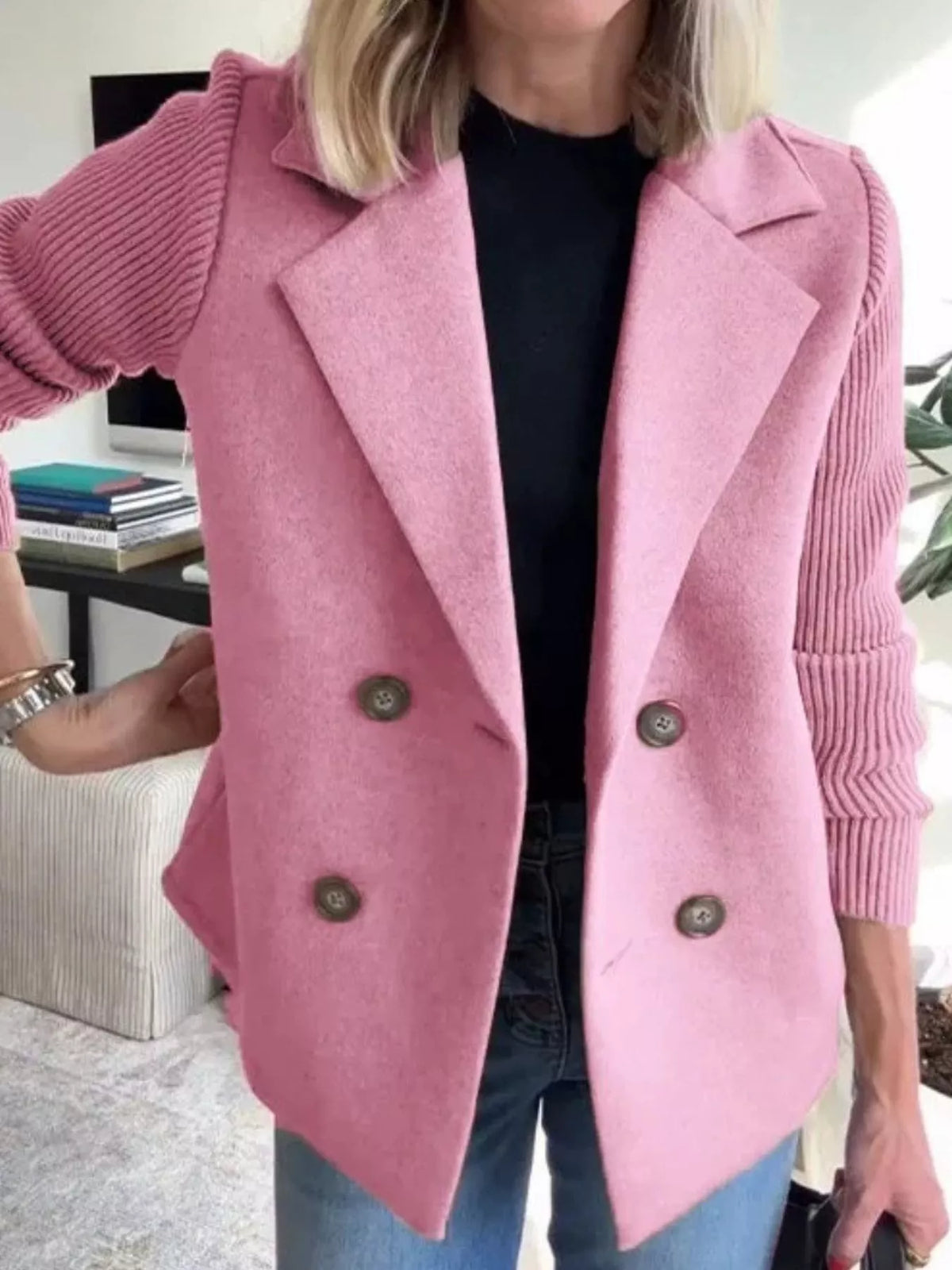 Full Size Knit Sleeve Double-Breasted Outerwear Plus Size