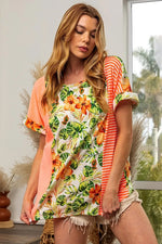 BiBi Floral W Stripe Color Block Dolman Sleeves Top