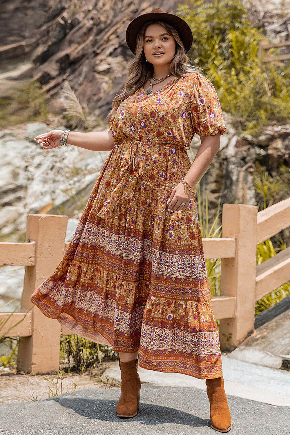 Plus Size Tie Waist Puff Sleeve Dress - Ladyez
