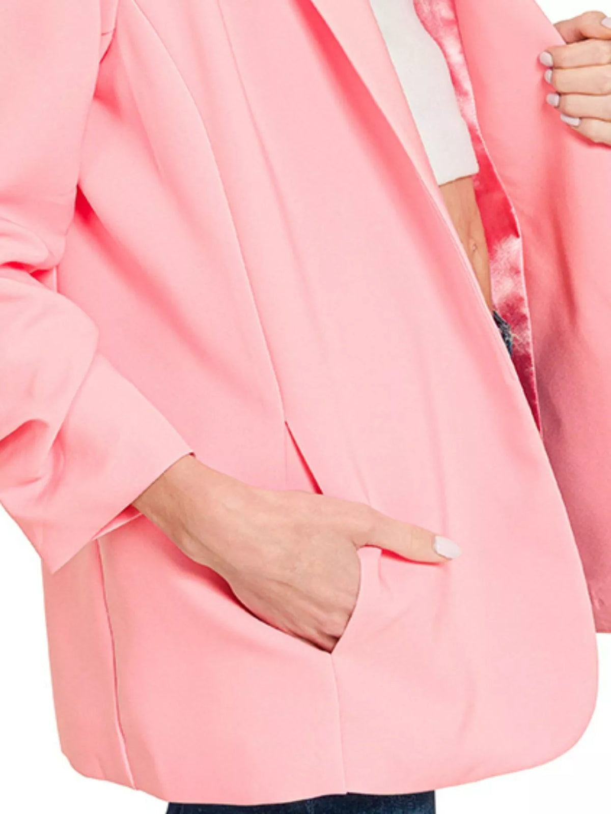 Zenana Woven 3/4 Ruched Sleeve Open Front Classic Blazer