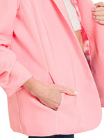 Zenana Woven 3/4 Ruched Sleeve Open Front Classic Blazer