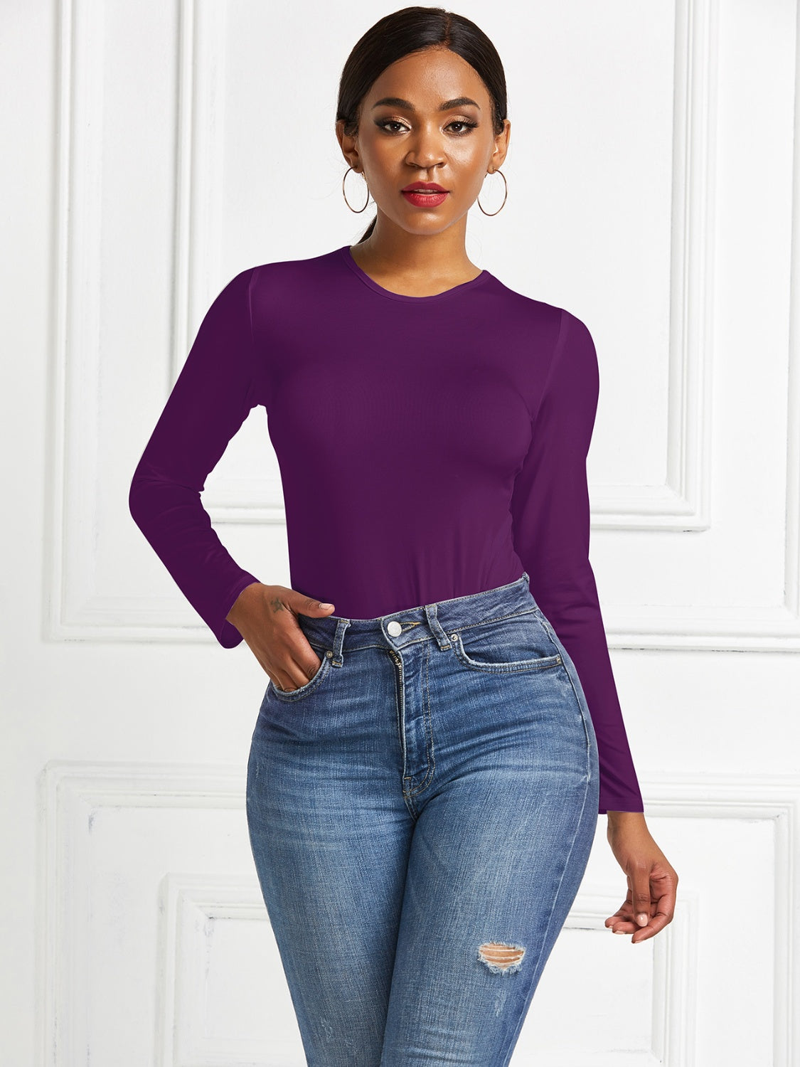 Round Neck Long Sleeve Bodysuit - Ladyez